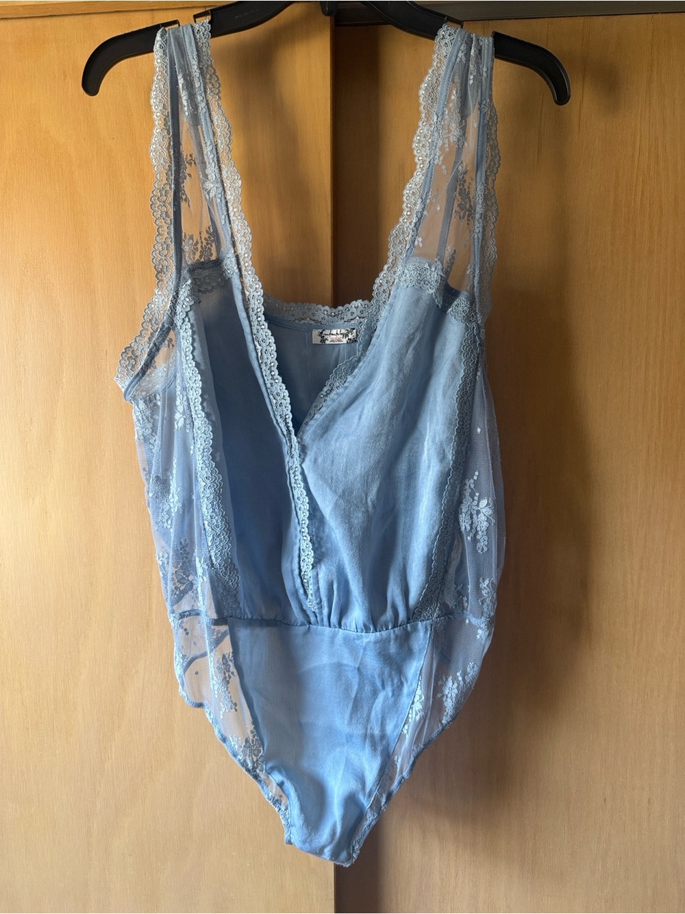 Free People Light Blue Sheer Lace-Trim Bodysuit